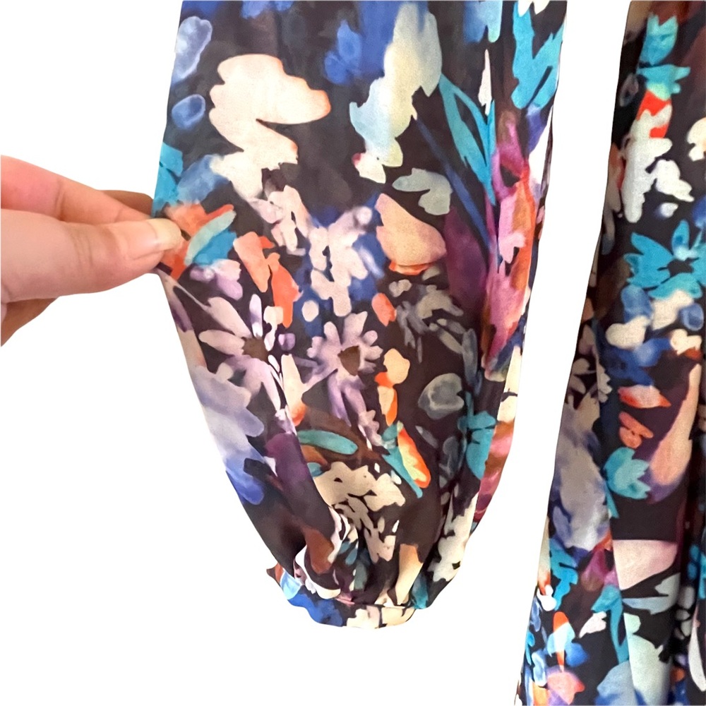 BELLE BADGLEY MISCHKA BLUE PURPLE MULTICOLOR FLORAL V-NECK MINI DRESS - Picture 8 of 16